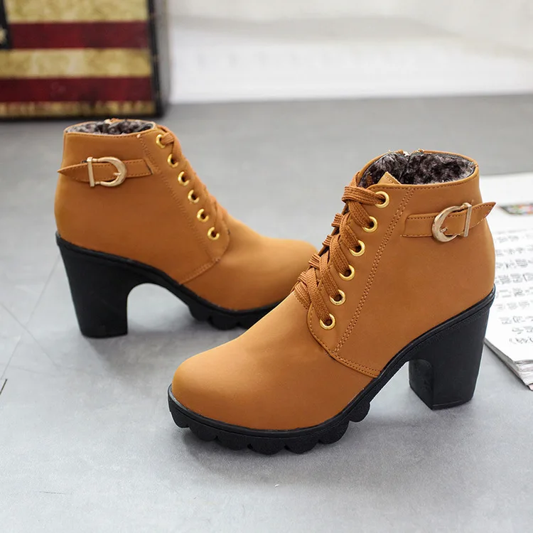 Bottines à talon épais pour femme – Style européen chic, fermeture zippée, couleur nude