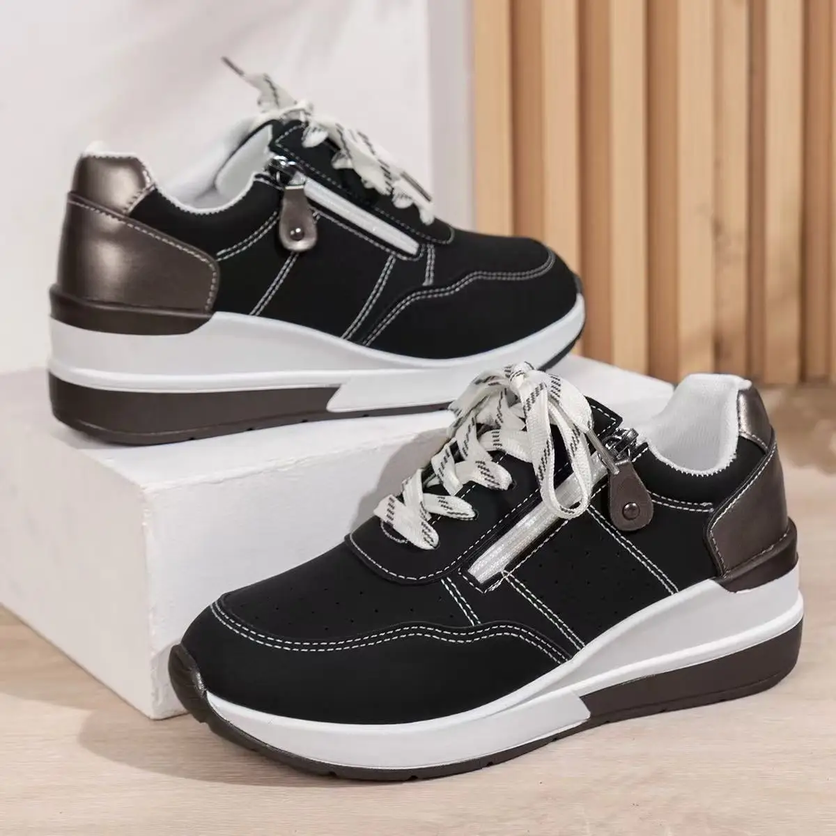 Chaussures Plateforme Femme à Lacets – Style Coréen Tendance, Semelle Épaisse Rehaussante