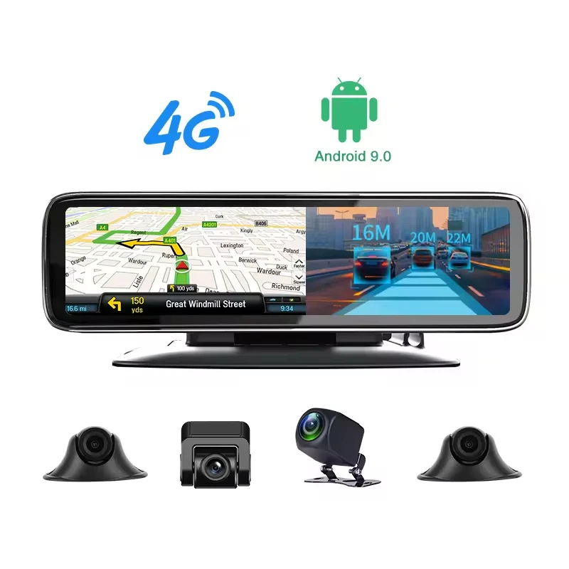 Caméra DVR Rétroviseur 12" Android 4G | 4 Caméras HD | GPS ADAS WiFi | Toyota & Universel