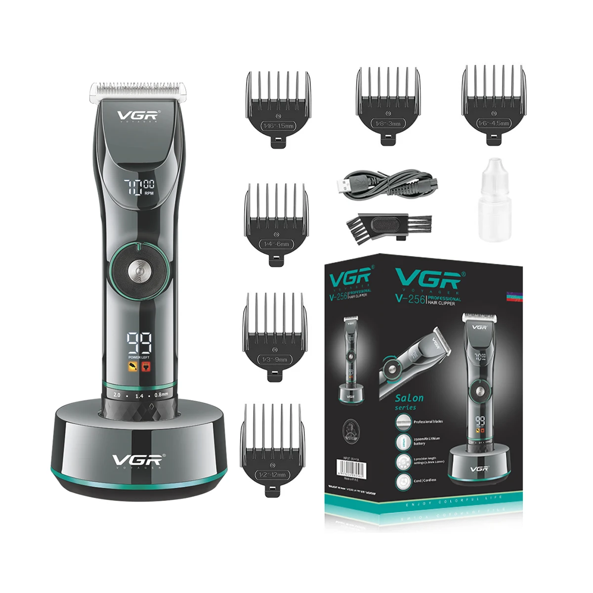 Tondeuse Professionnelle Rechargeable VGR V-256 – Lame Inox, 400min d'Autonomie, Charge USB