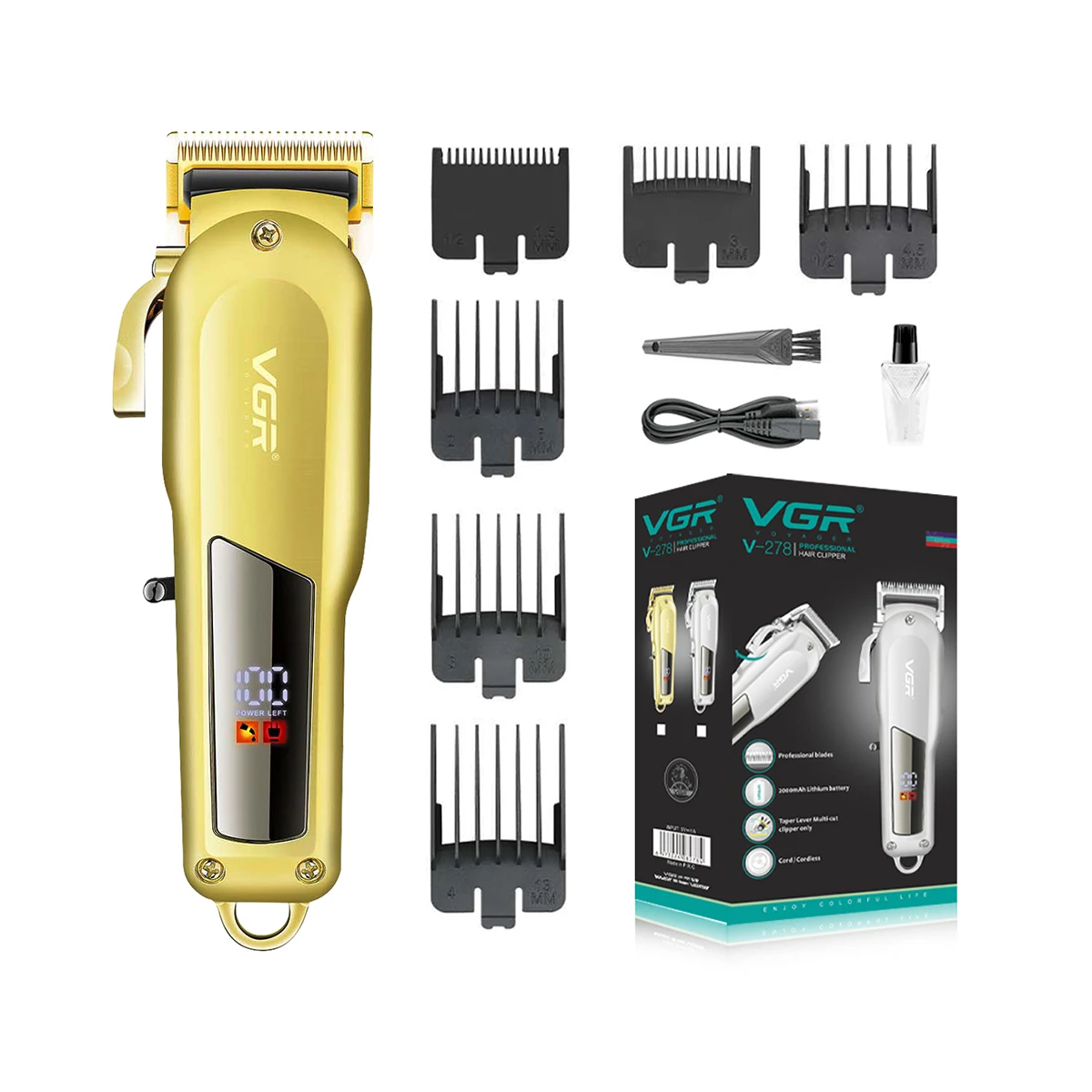 Tondeuse Sans Fil Professionnelle VGR V-278 – Coupe & Barbe, Batterie 2000mAh, 180min d'Autonomie