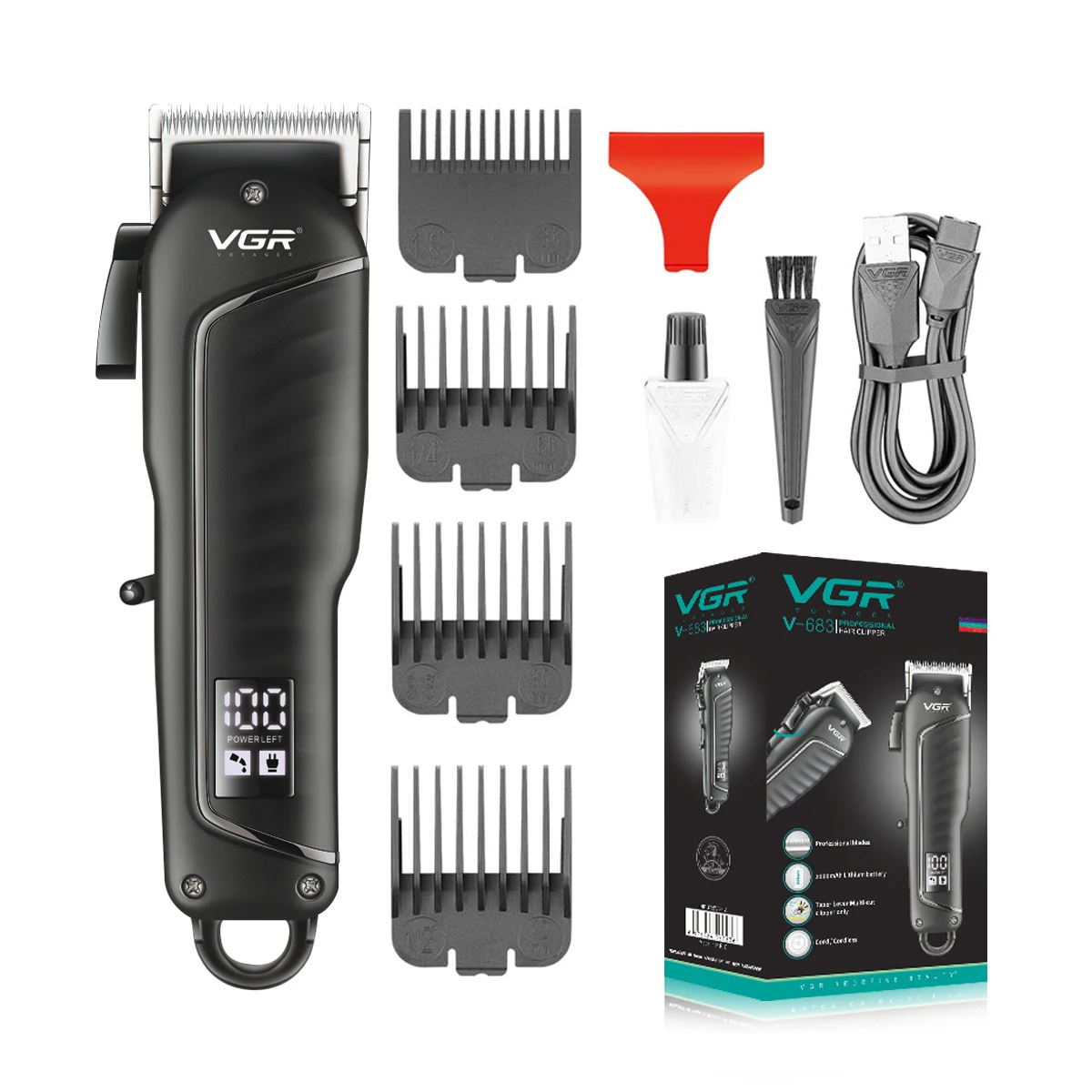 Tondeuse Professionnelle Rechargeable VGR V-683 – Sans Fil, Lame Inox, 200 min d'Autonomie