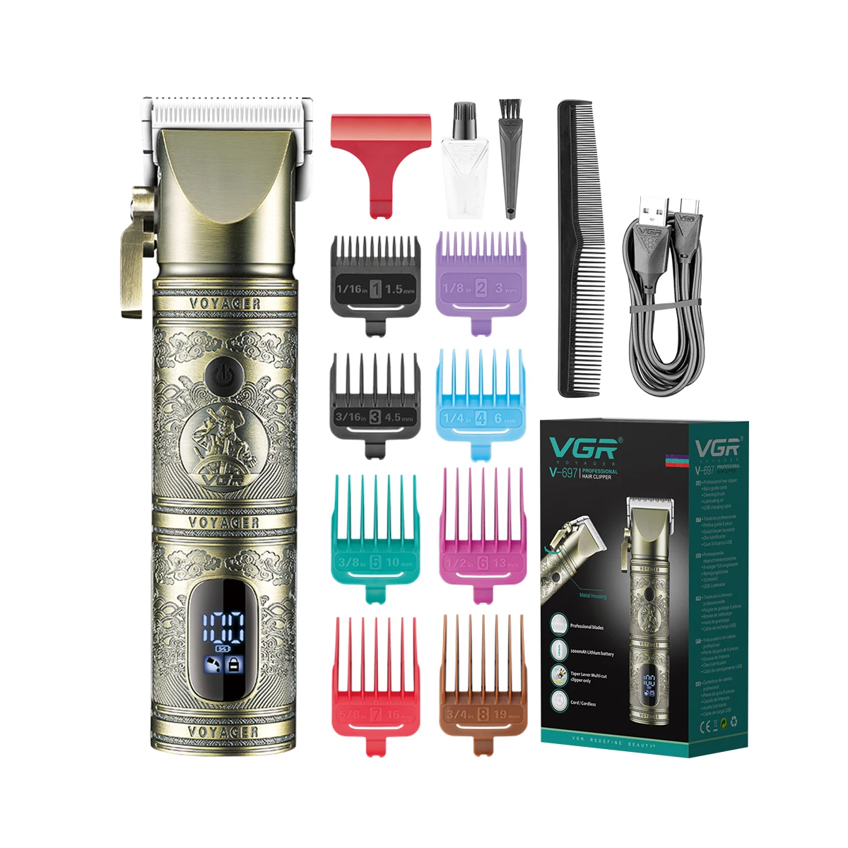 Tondeuse VGR V-697 Professionnelle Sans Fil – Lame Acier Inox, Batterie 2000mAh, Couleur Or