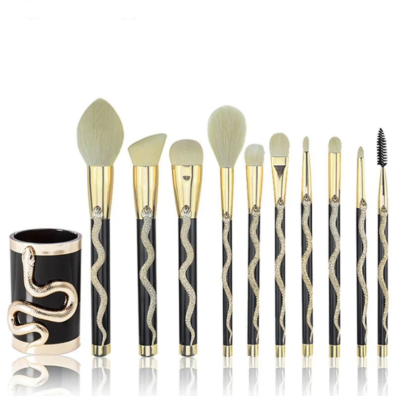 Set 10 Pinceaux Maquillage Professionnels + Seau en Cuir PU – Poils Synthétiques Doux