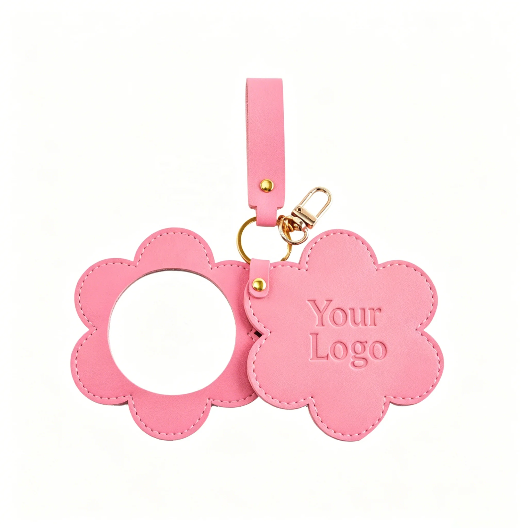Miroir de poche fleur en cuir PU avec porte-clés – Cadeau femme personnalisable