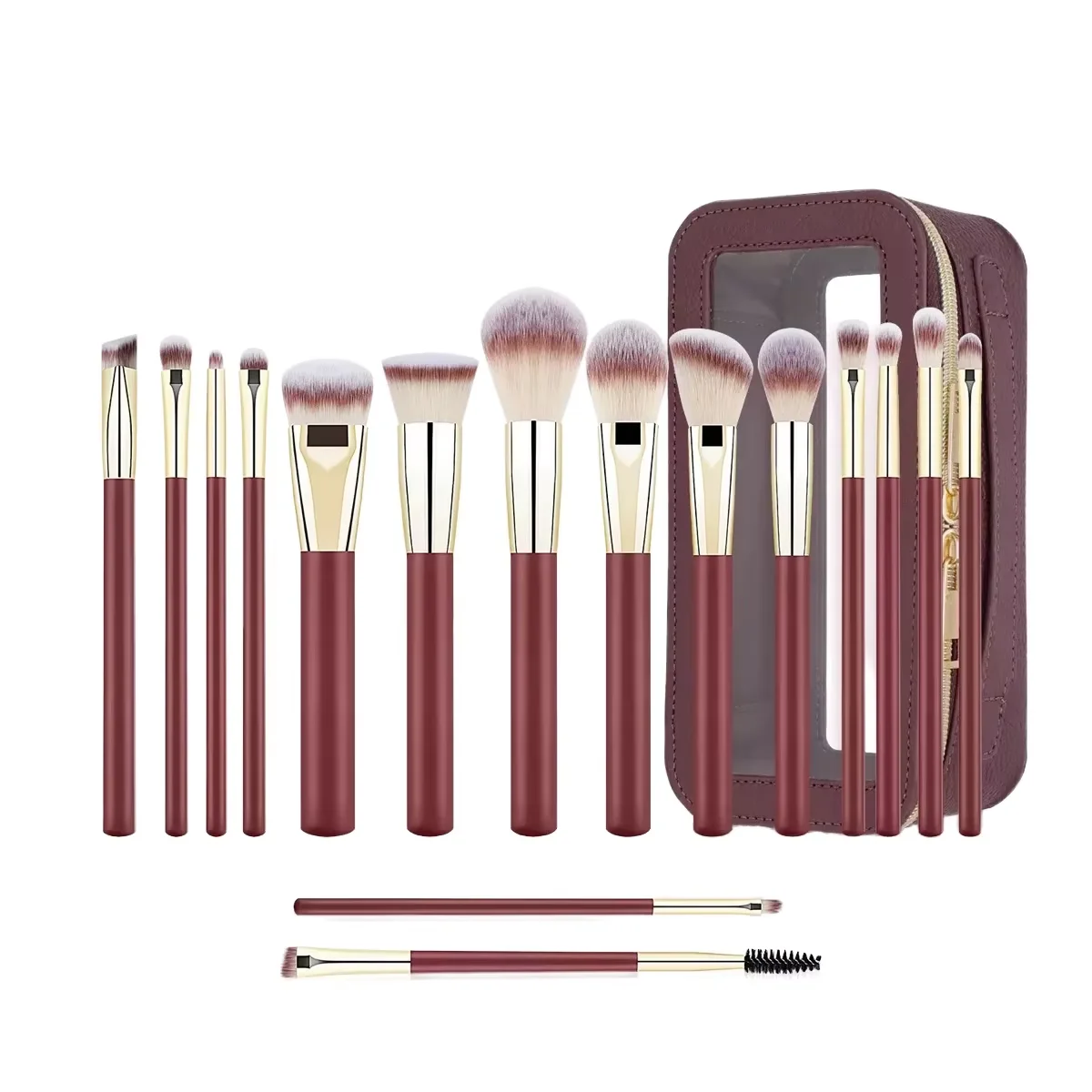 Set 16 Pinceaux Maquillage Professionnels Vegan Rouge Vin + Sac – Poils Synthétiques