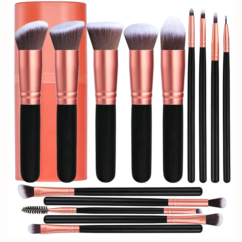 Set 14 Pinceaux Maquillage Synthétiques Or Rose – Fond de Teint, Fards & Poudre