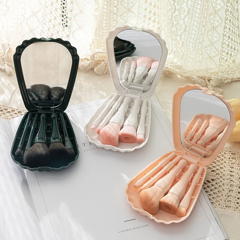 Kit 5 Pinceaux de Maquillage de Voyage – Virole Aluminium, Poils Nylon, Pochette Miroir