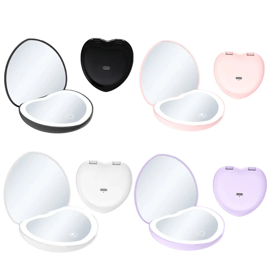 Miroir de poche LED en forme de cœur, double face pliable, personnalisable avec logo – Vente en gros