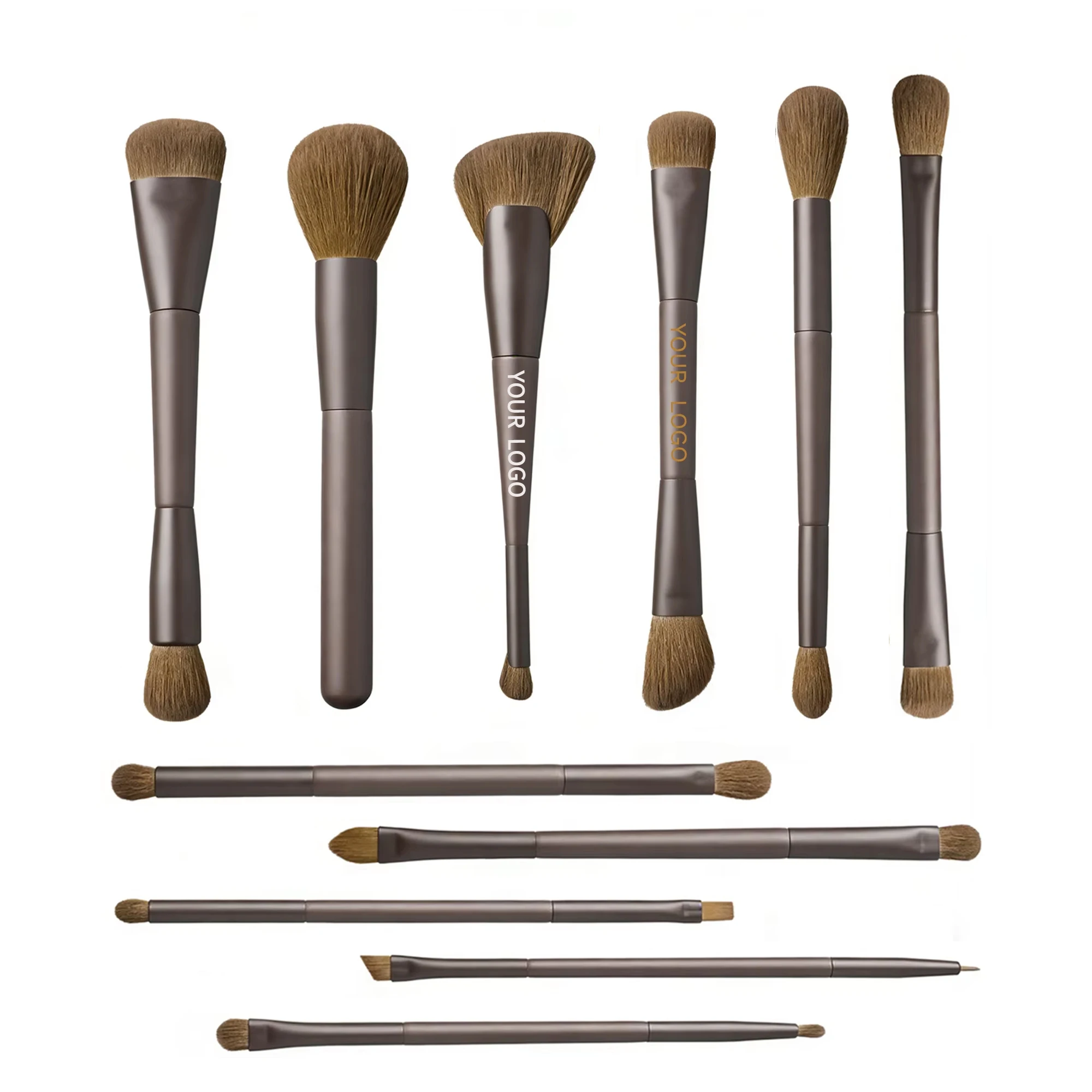 Kit 11 Pinceaux Maquillage Professionnels Végétaliens avec Sac – Marron