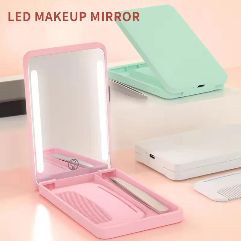 Miroir LED Pliant avec Peigne & Pince à Épiler – Rechargeable USB, 4 Couleurs