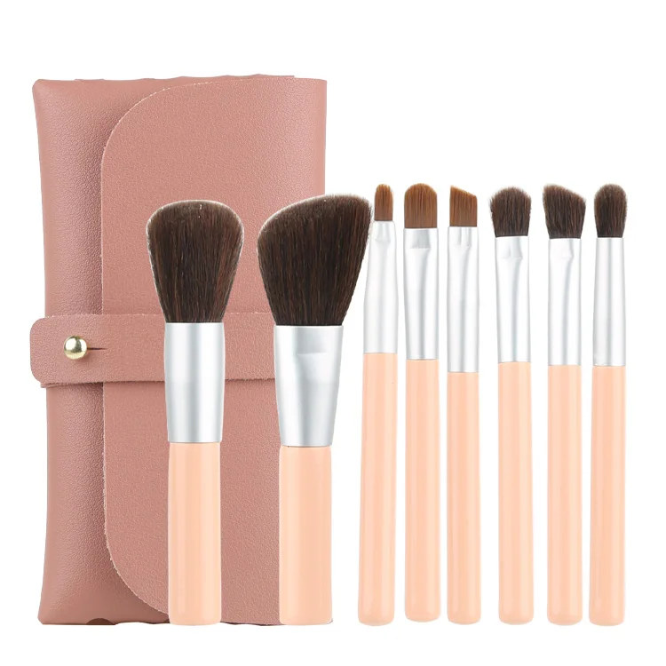 Kit 8 Pinceaux de Maquillage Professionnels avec Trousse en PU – Rose & Beige