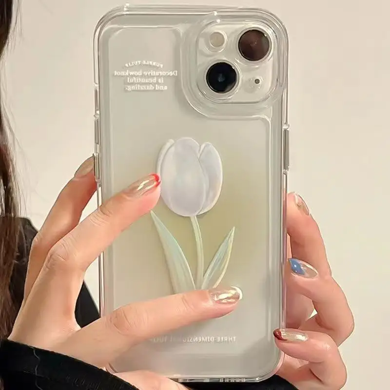 Coque iPhone TPU Transparente Motif Rose & Tulipe – Protection Objectif Intégrée (11 au 17)
