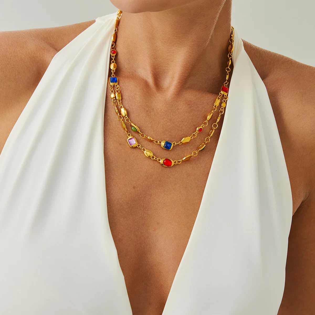 Collier double ras-du-cou tendance | Chaîne perles & cristaux superposés pour femme