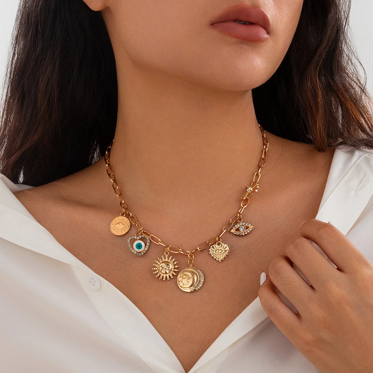 Collier Pendentif Soleil Géométrique avec Pompon – Chaîne Clavicule Femme Style Vintage