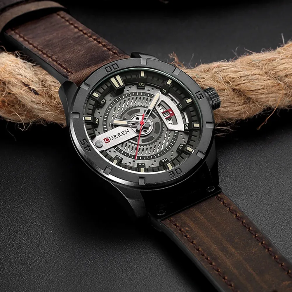 CURREN 8301 – Montre Sport Quartz Homme Bracelet Cuir | Cadran 45mm | Date & Heure