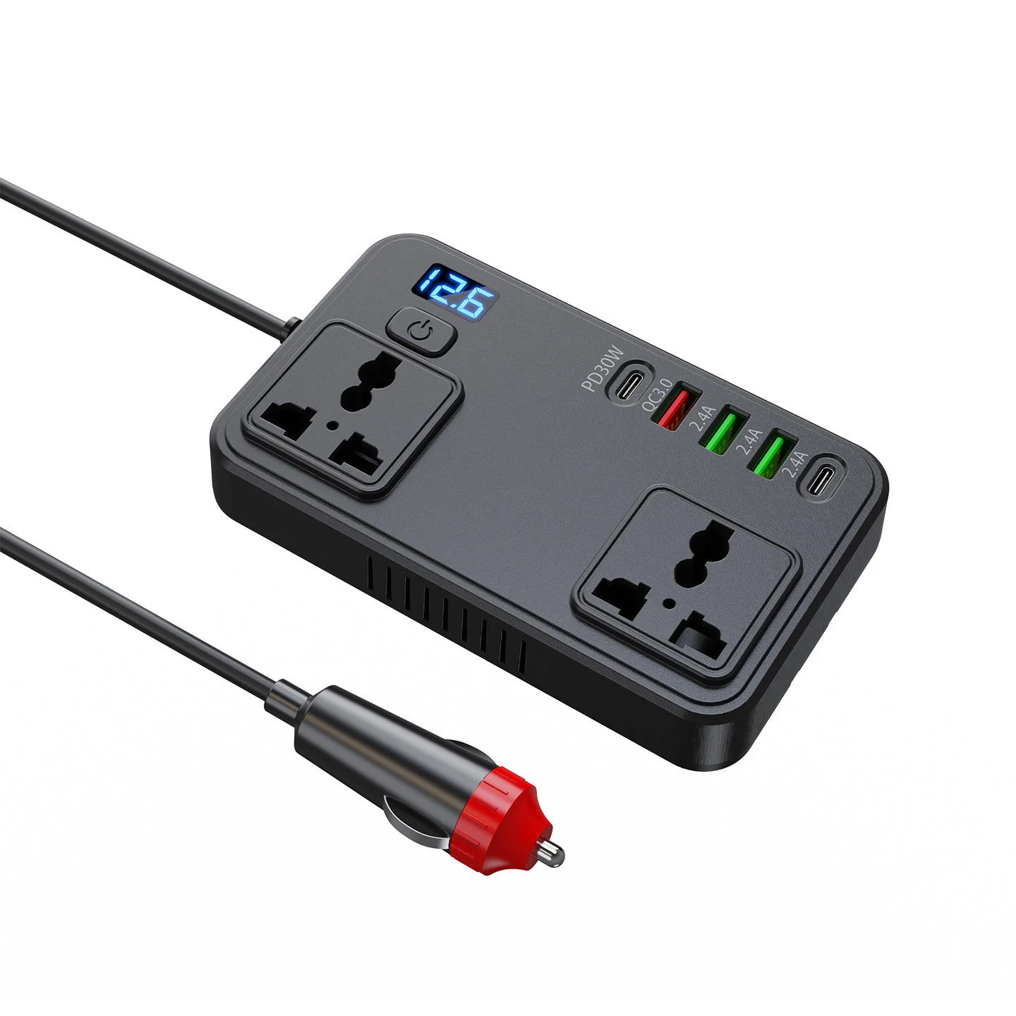 Convertisseur de voiture 150W 12V/24V→220V avec ports USB Type-C et voltmètre intégré