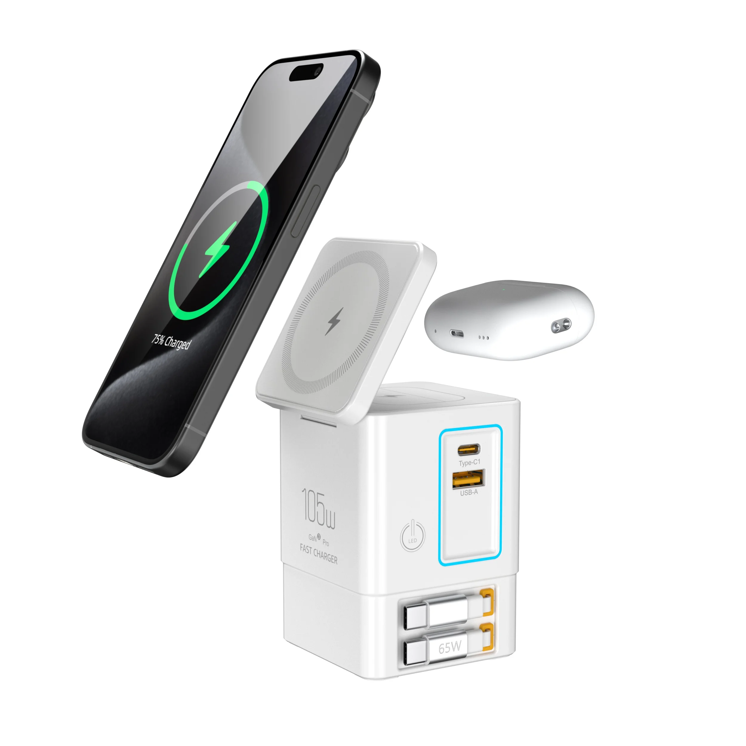 Station de Charge 6-en-1 PowerCombo 105W – Sans Fil, USB-C Rétractable & Lampe Intégrée