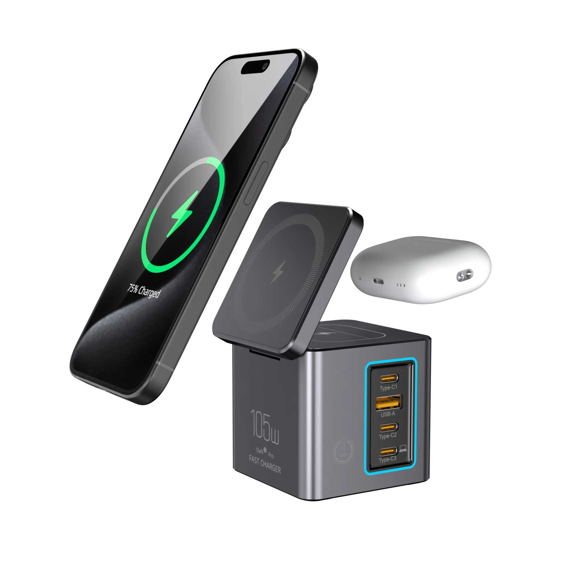 Tour de Charge 6en1 105W – USB-C 65W + Sans Fil 15W + Lampe de Bureau Intégrée