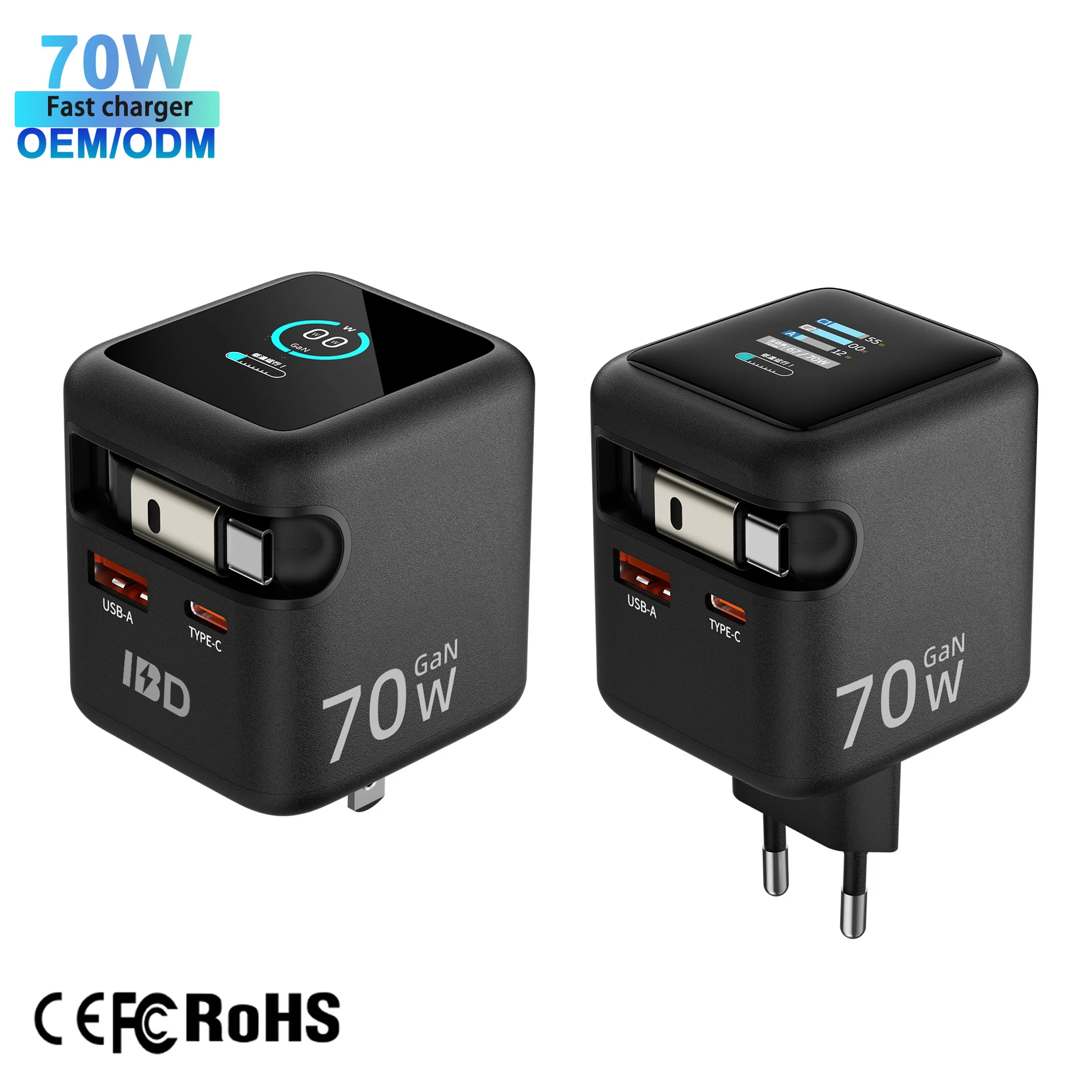Chargeur Rapide GaN 70W USB-C USB-A Écran TFT Câble Rétractable QC3.0 PD3.0