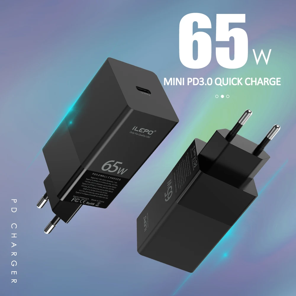 Chargeur GaN 65W USB-C Charge Rapide PD QC4.0 – Compatible Laptop & Mobile