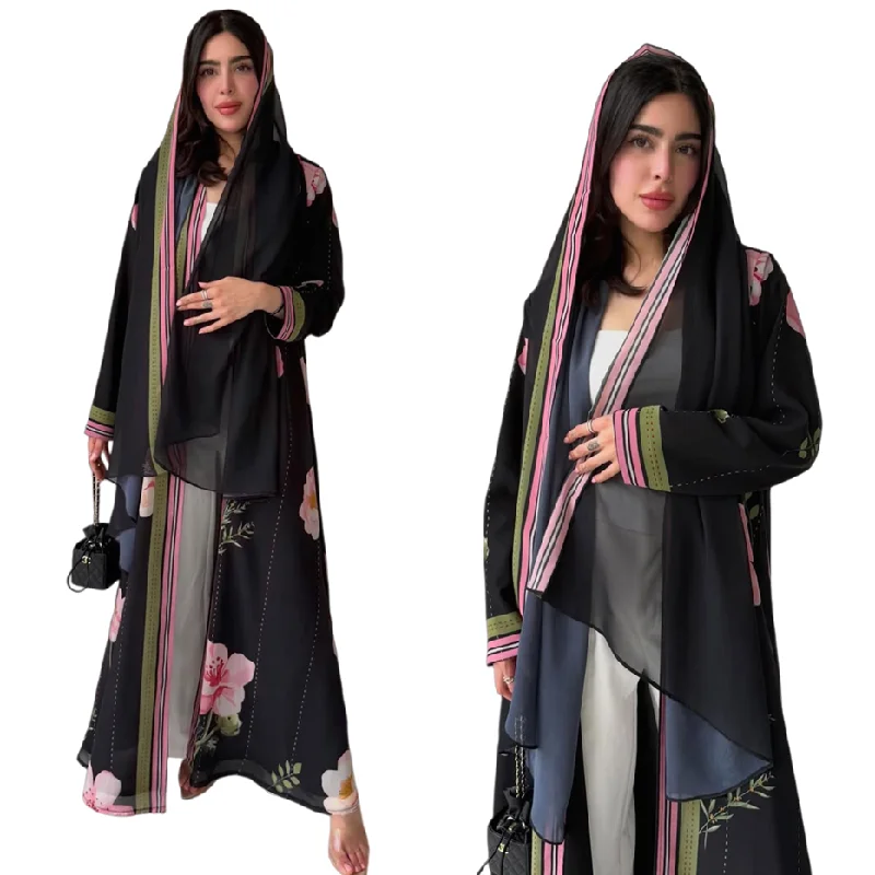 Abaya Islamique MQ288 – Robe Dubai Chiffon Floral Élégante avec Hijab