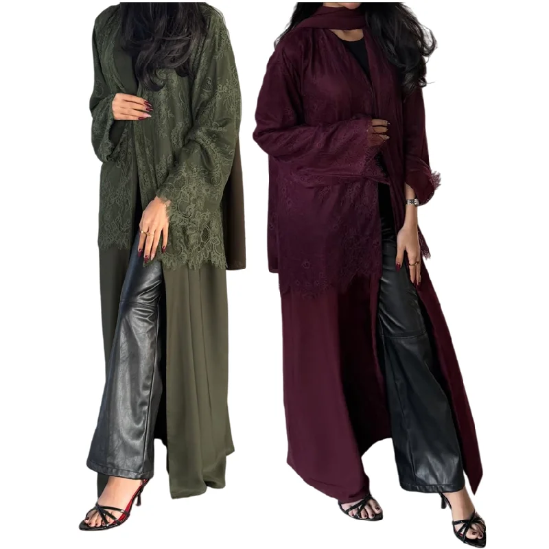 Abaya ouverte femme MQ281 – Robe musulmane maxi dentelle cardigan style Dubaï