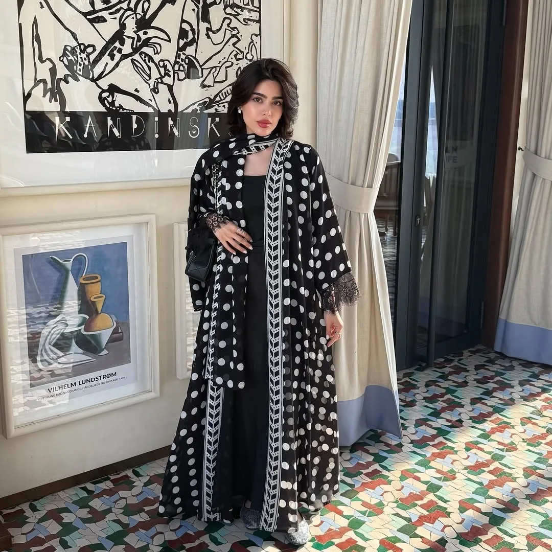 Abaya ouverte à pois MQ273 + Hijab – Robe musulmane en mousseline dentelle, style Dubaï