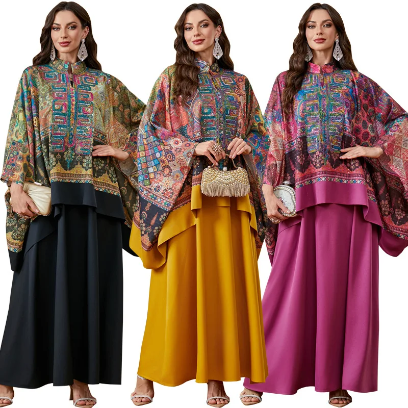 Abaya AB553 Brodée Manches Chauve-Souris + Robe Intérieure – Élégance Islamique