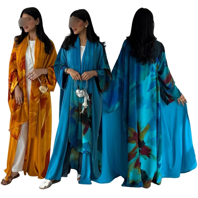 Abaya Ouverte MQ217 – Robe Musulmane Mousseline Imprimée avec Hijab