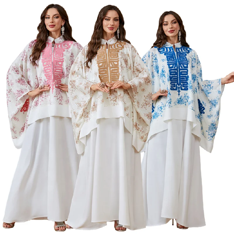 Ensemble Abaya Femme AB554 – Robe Maxi Florale Brodée avec Manches à Cordons