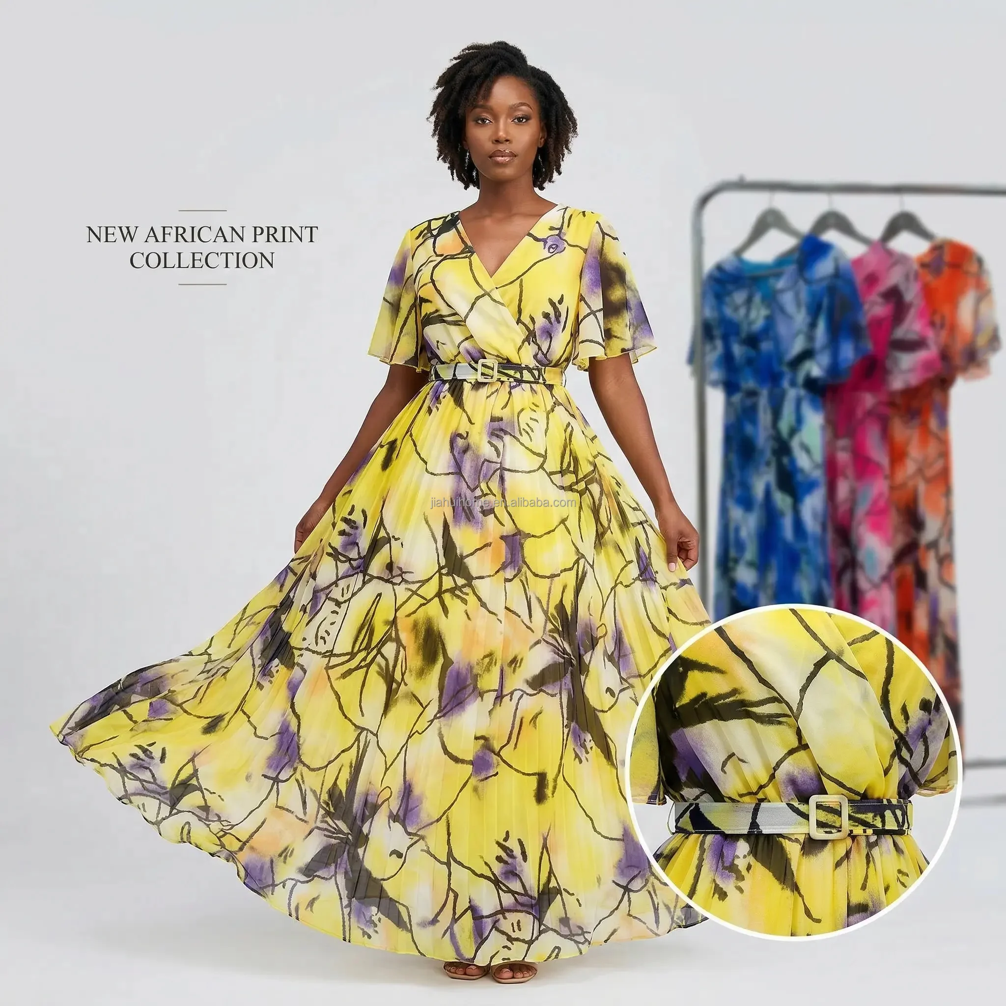 Robe longue africaine femme col V manches évasées imprimée élégante avec ceinture