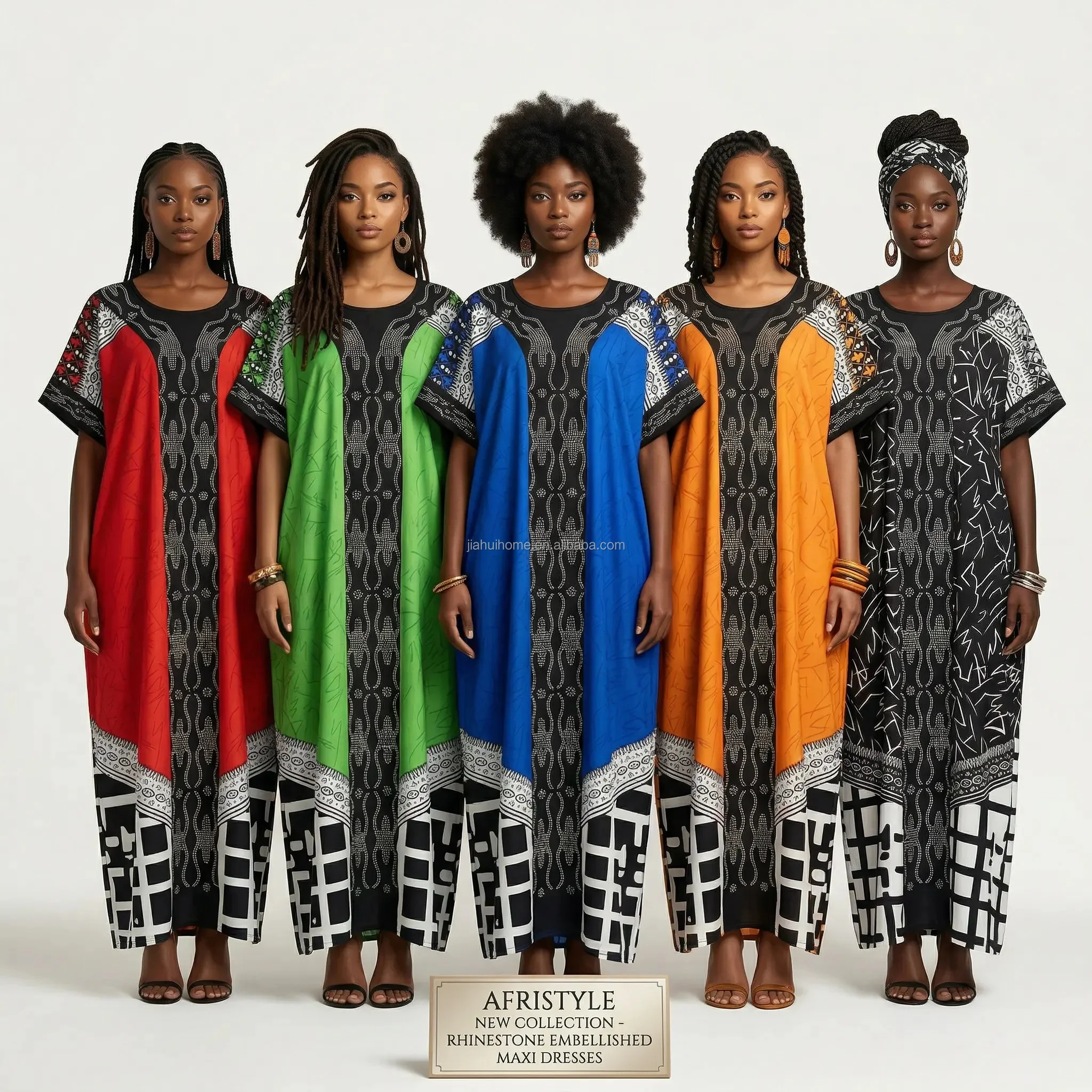 Robe Longue Africaine en Coton Imprimée | Manches Courtes | Effet Strass | Élégante