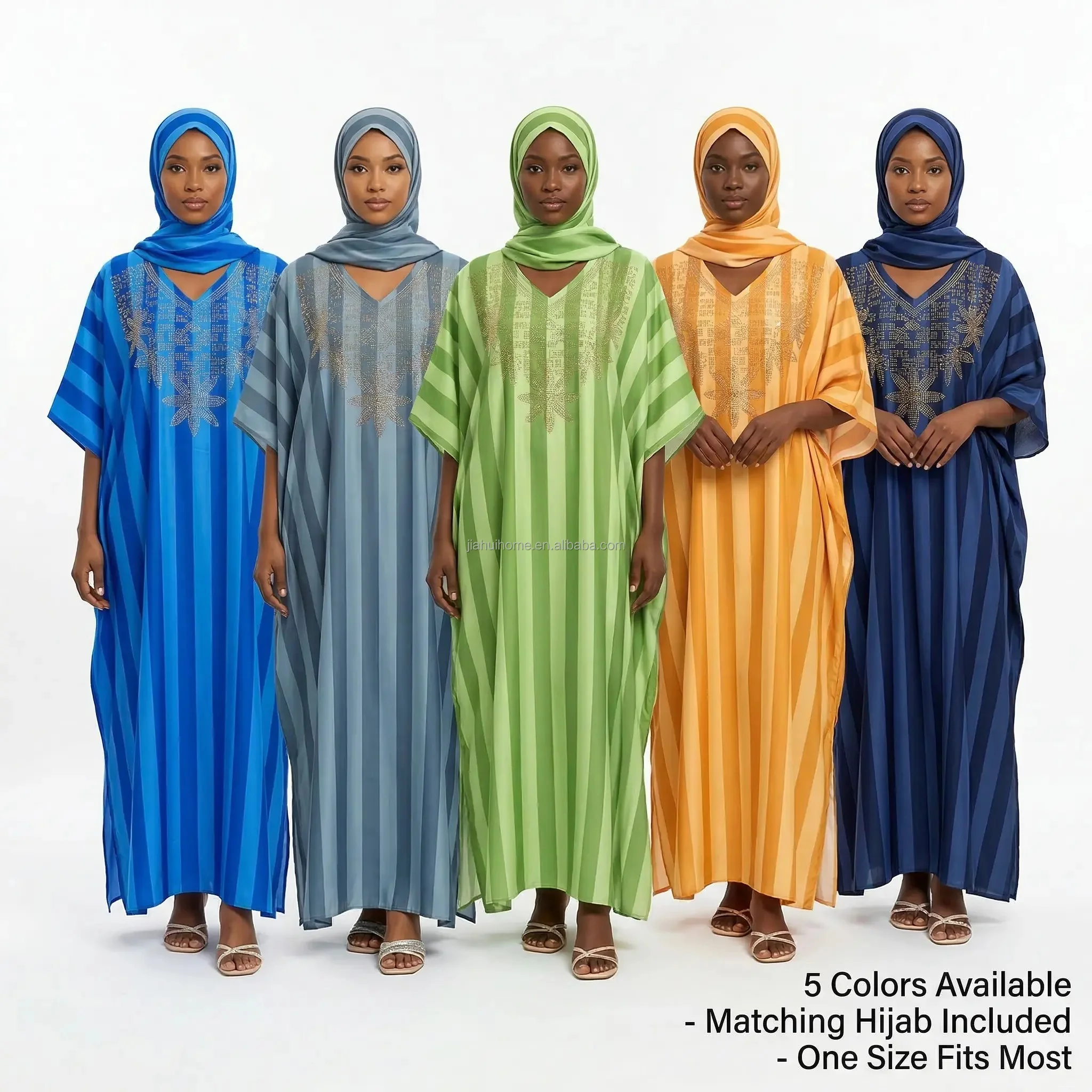 Robe Africaine Ample Rayée avec Strass – Abaya Col V Élégante Toutes Saisons