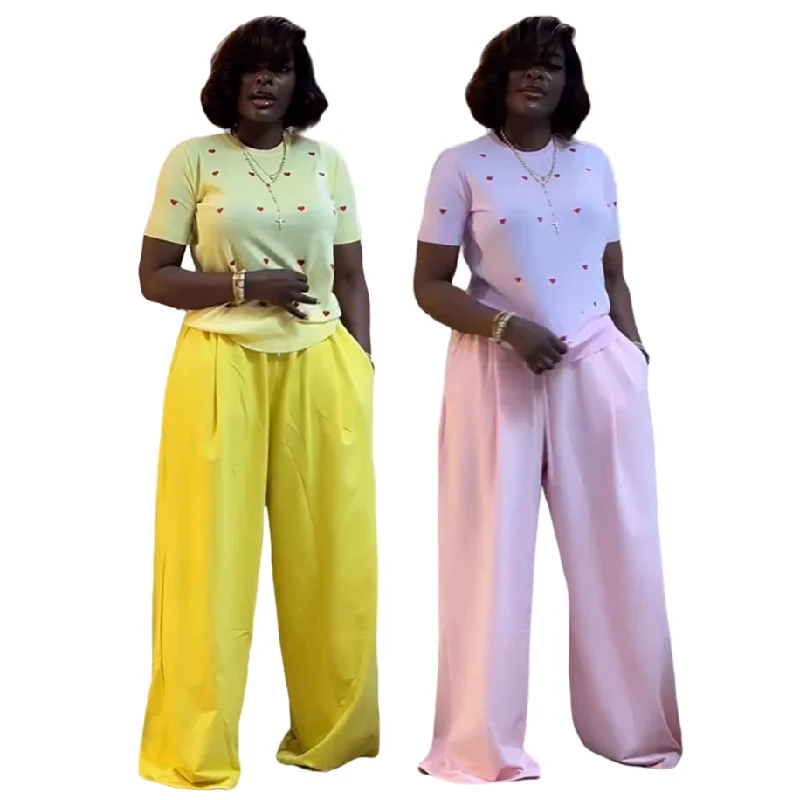 Ensemble 2 pièces femme – Top manches courtes col rond + pantalon large imprimé cœur