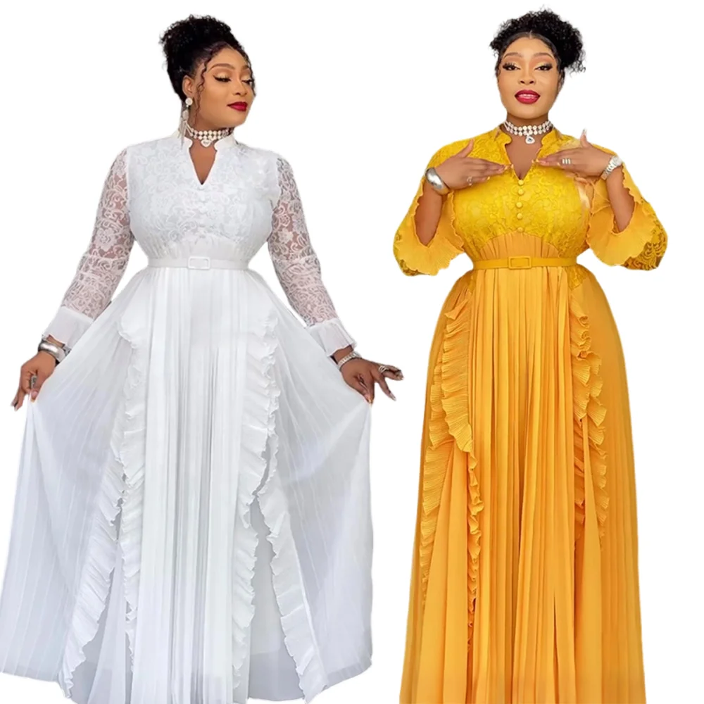 Robe Longue Africaine Grande Taille Dentelle & Strass – Col V Élégant Soirée & Mariage