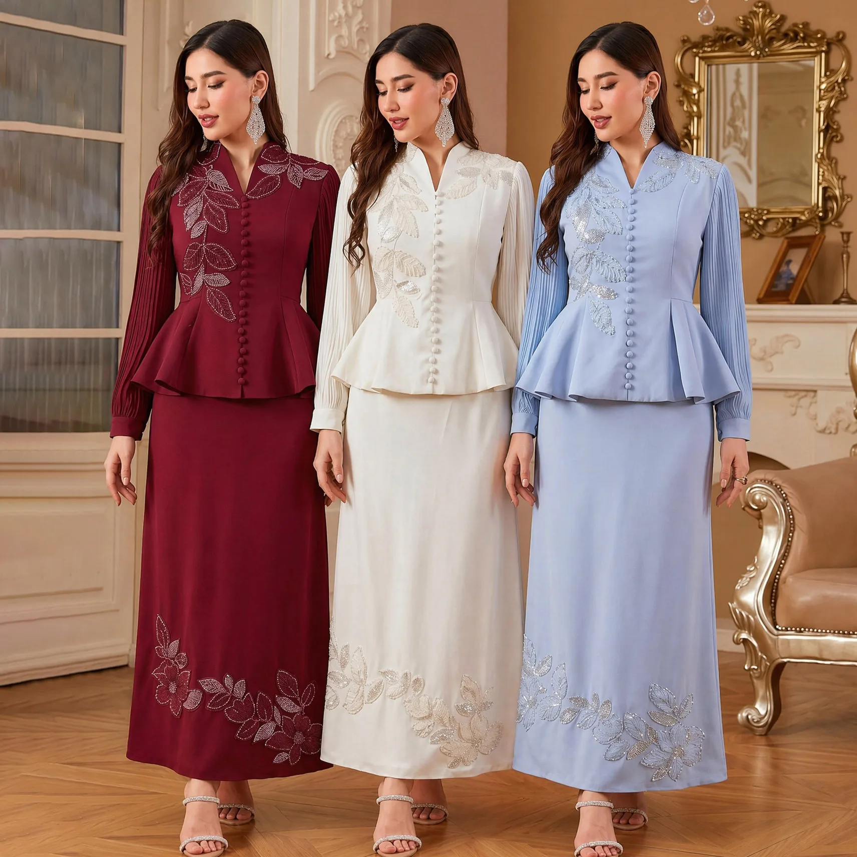 Ensemble Haut & Jupe Brodé Perlé Manches Plissées – Tenue Élégante Femme