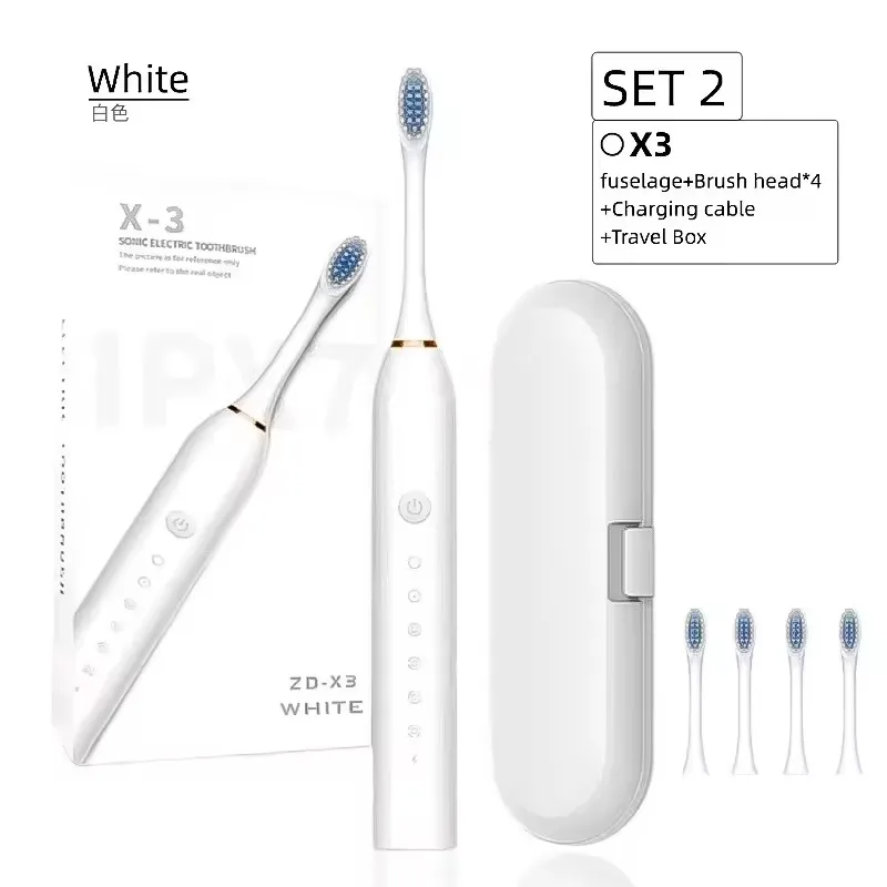 Brosse à Dents Électrique X3 Rechargeable 5 Modes Sonic – 4 Têtes Douces Incluses