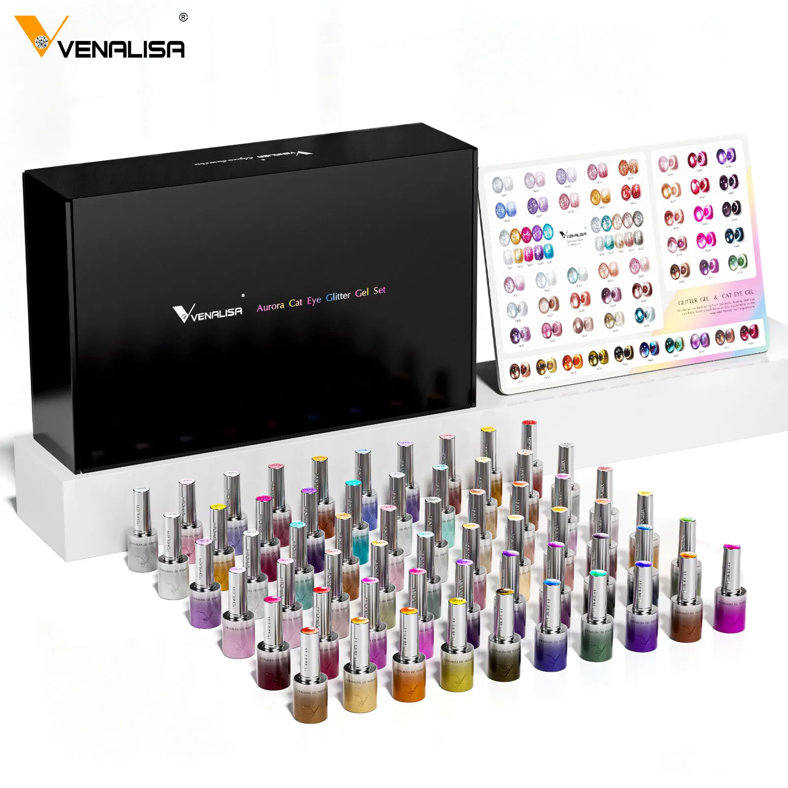 VENALISA Kit 60 Vernis Gel UV Paillettes Œil de Chat – Sans HEMA, Longue Tenue 10ml