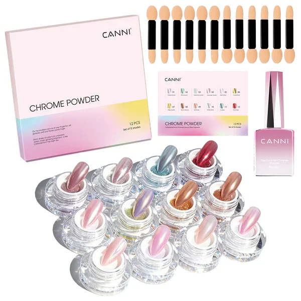 Lot 12 Poudres Chrome CANNI Effet Miroir Nail Art - Pigment Métallique Holographique