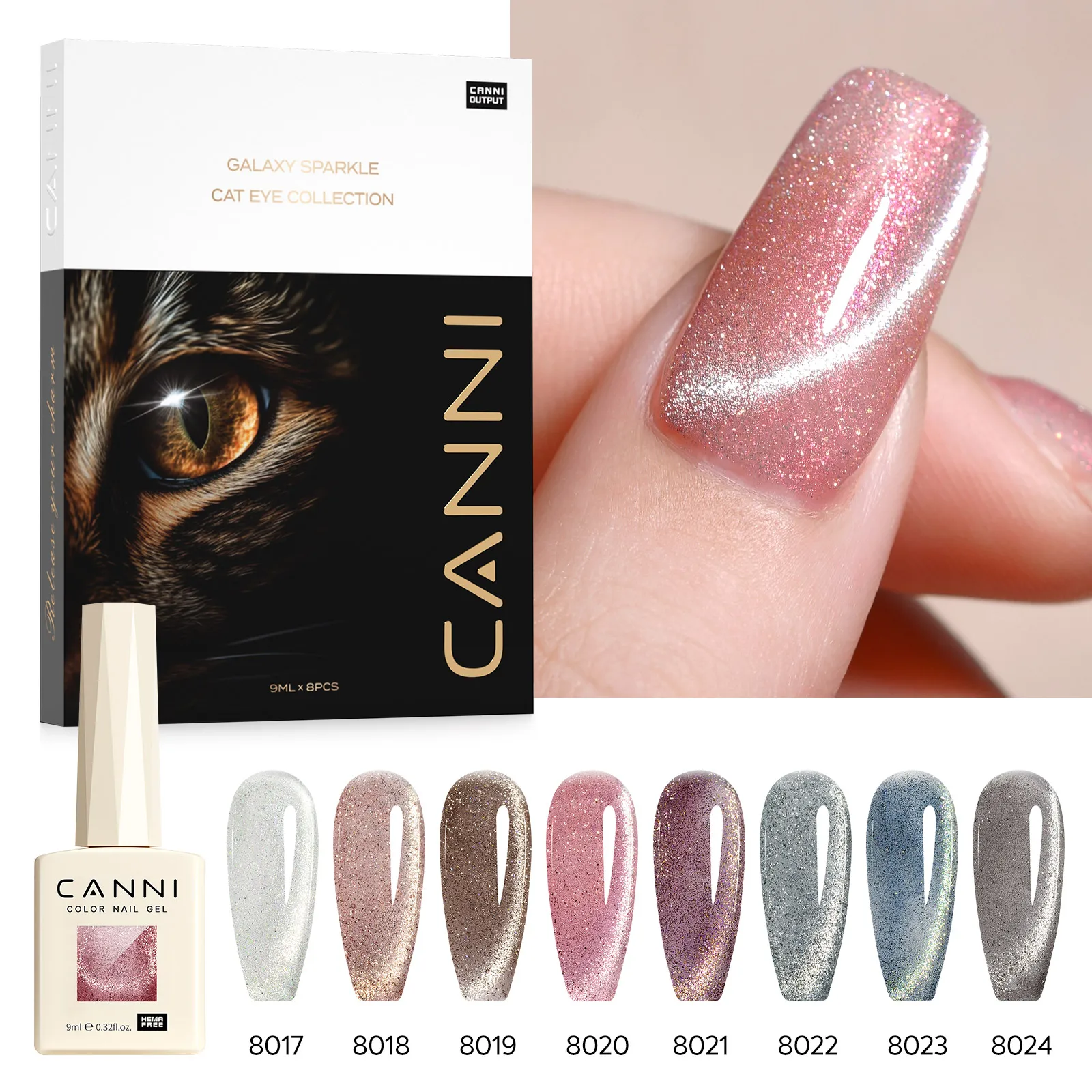 CANNI Kit Vernis Gel UV/LED Cat Eye 9ml – Set 8 Pièces Paillettes Sans HEMA