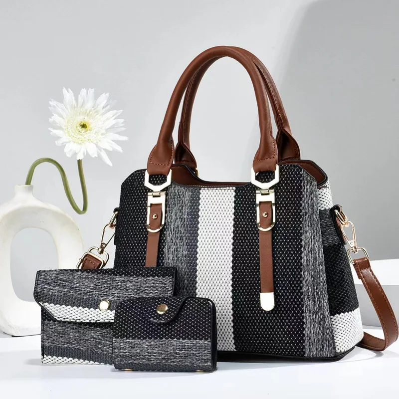 Set 3 Sacs à Main Femme | Fourre-tout + Bandoulière + Portefeuille Cuir PU Rayures