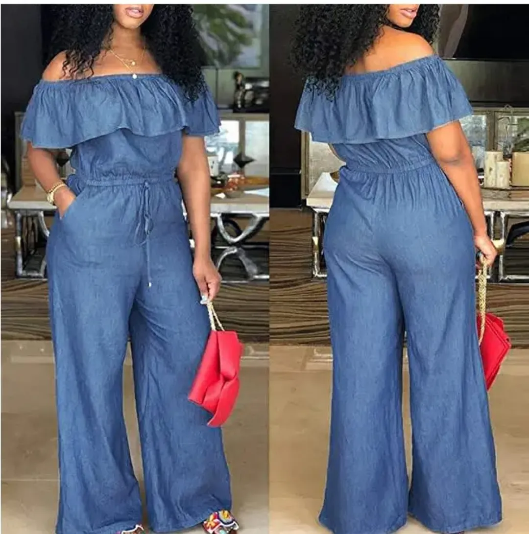 Combinaison pantalon femme en denim – col volanté, manches courtes, style décontracté été, jambe large