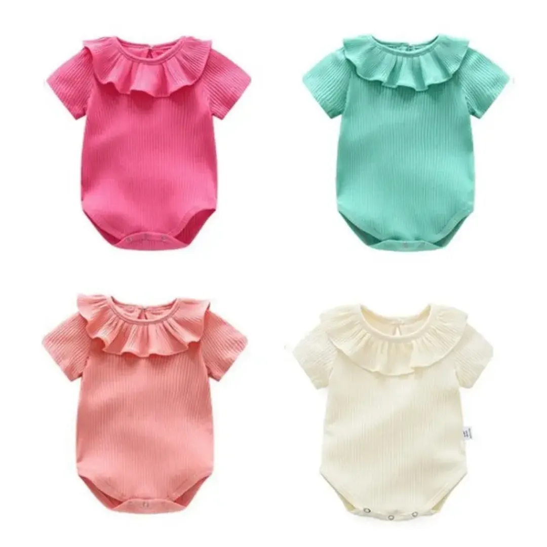 Barboteuse Bébé Fille en Dentelle – Manches Courtes, Col Volanté, Été – 3 à 24 Mois