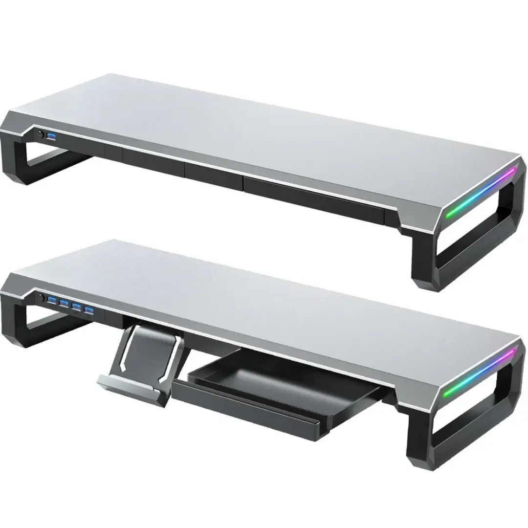 Support de moniteur multifonction avec 4 ports USB – Tiroir intégré – Refroidissement passif – Design ergonomique