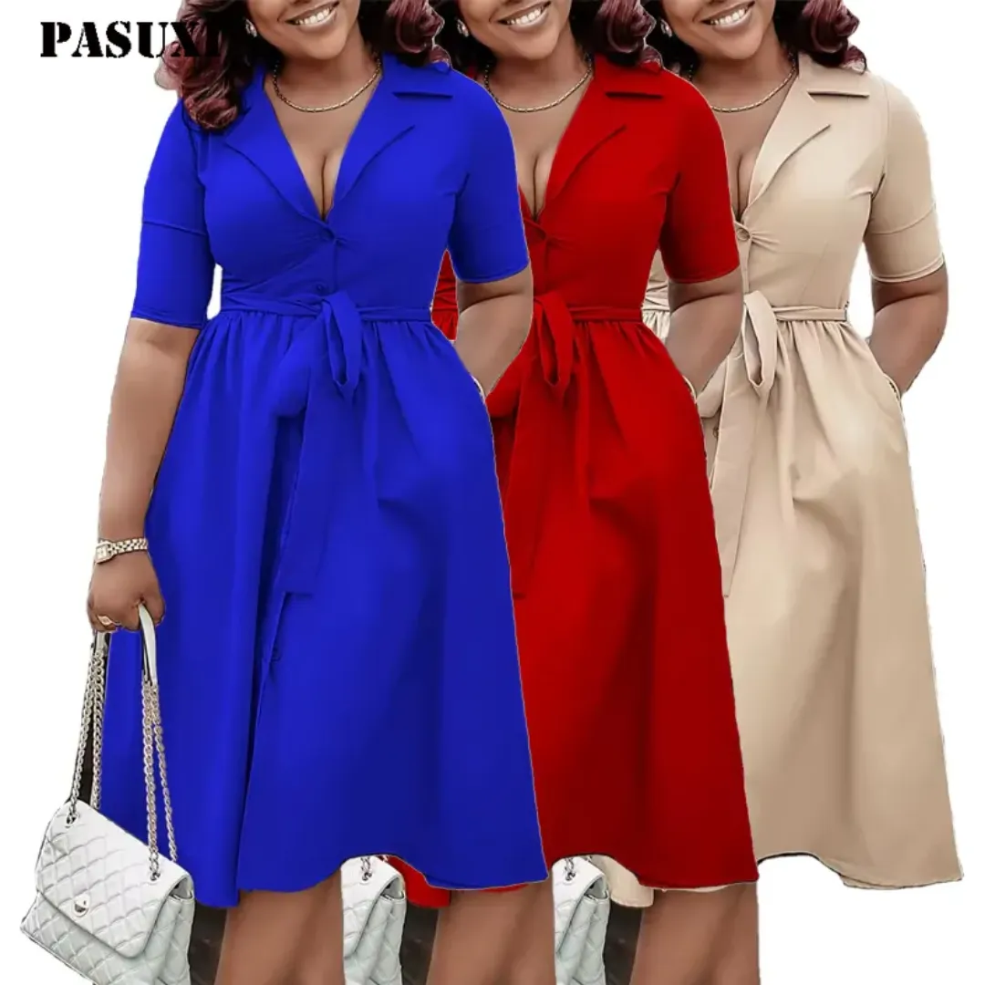 Robe élégante à manches courtes pour femme – Col chemise, taille ceinturée – Disponible en bleu, rouge et beige