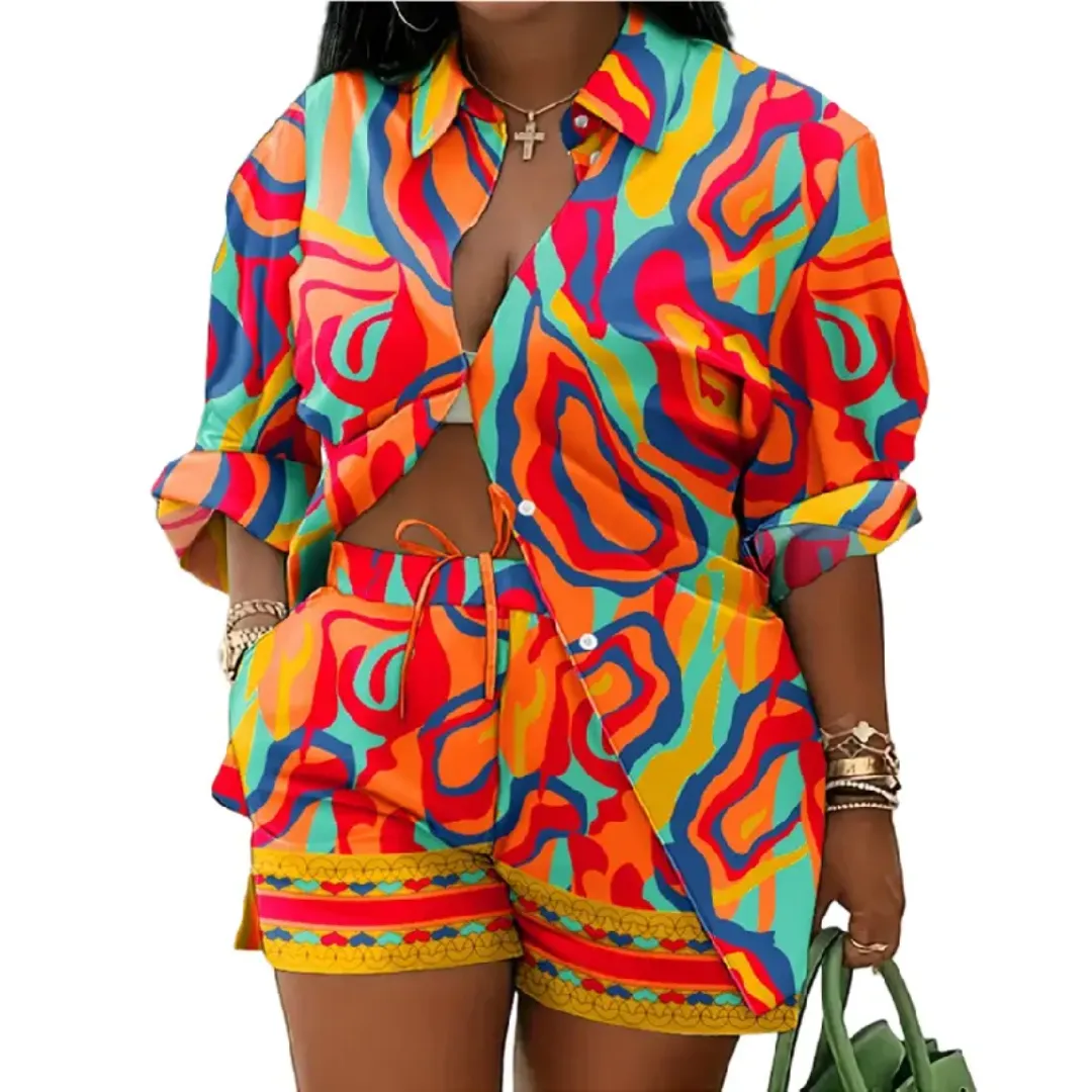 Ensemble Femme Chic - Chemise Oversize et Short Fluide à Motif Artistique Vert et Blanc