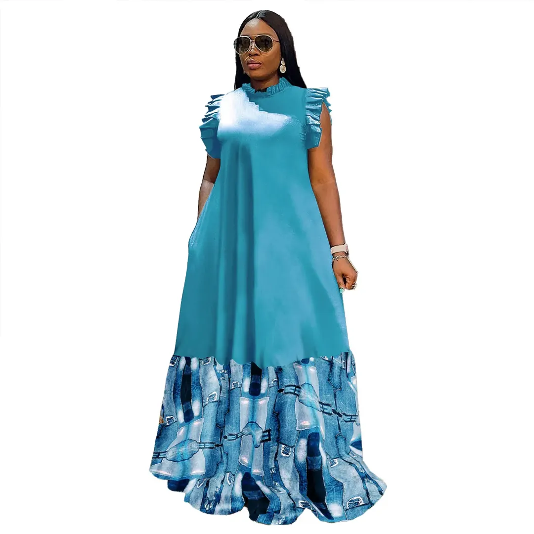 Robe Longue Décontractée Femme Grande Taille – Volants Épaules et Bas Effet Jean Imprimé
