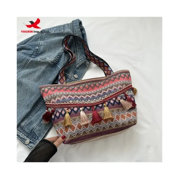 Sac à Main Tissu Ethnique avec Pompons - Style Bohème et Décontracté