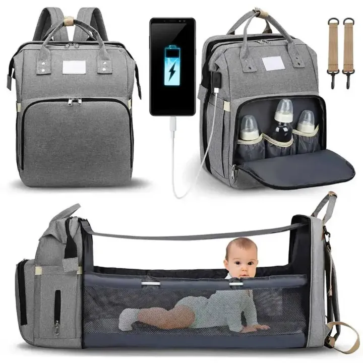 Sac à Langer Multifonction 3-en-1 pour Bébé – Sac à Dos Étanche avec Lit Pliable, Port USB & Rangement Thermique